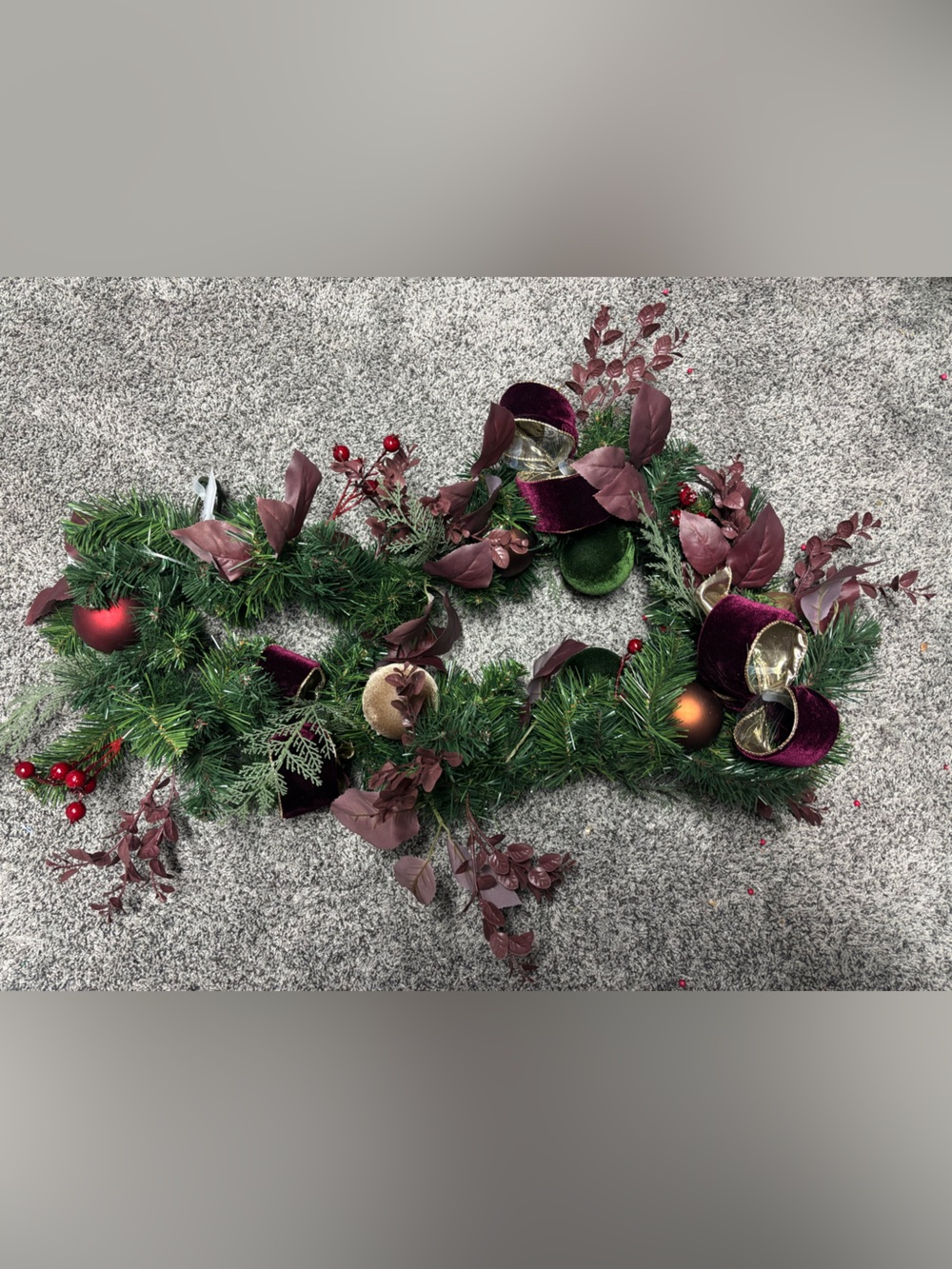 Ashland Green Pine Garland with Burgundy and Gold Accents- Pre Lite